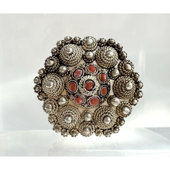 Israeli Made Coral Filigree Beaded Sterling Silver 935 Vintage Pendant - Picture 1 of 10